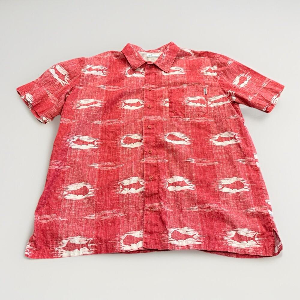 Columbia PFG Mens Red Button Down Gamefish All Over Print Short Sleeve Shirt L